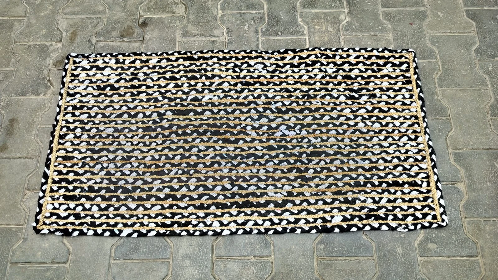 Handmade Black & Natural Braided Cotton Jute Area Rug