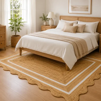 Handmade Scalloped Jute Area Rug | Natural Braided Farmhouse Rug with White Border