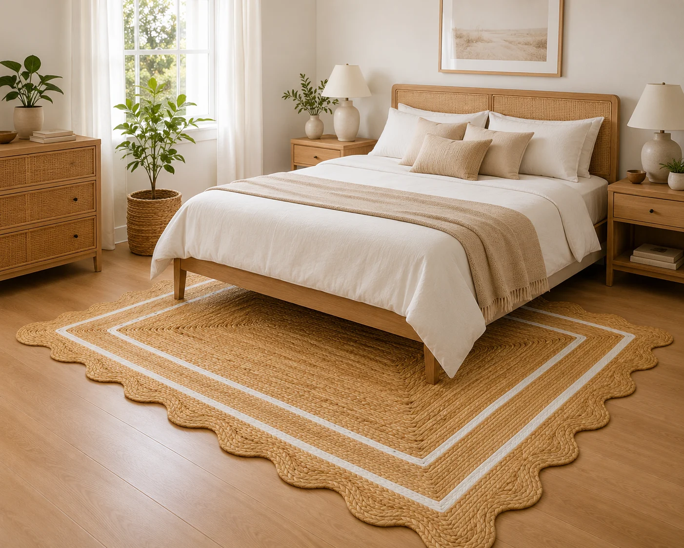 Handmade Scalloped Jute Area Rug | Natural Braided Farmhouse Rug with White Border