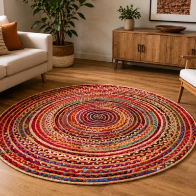 Handwoven Round Multicolor Boho Jute Rug