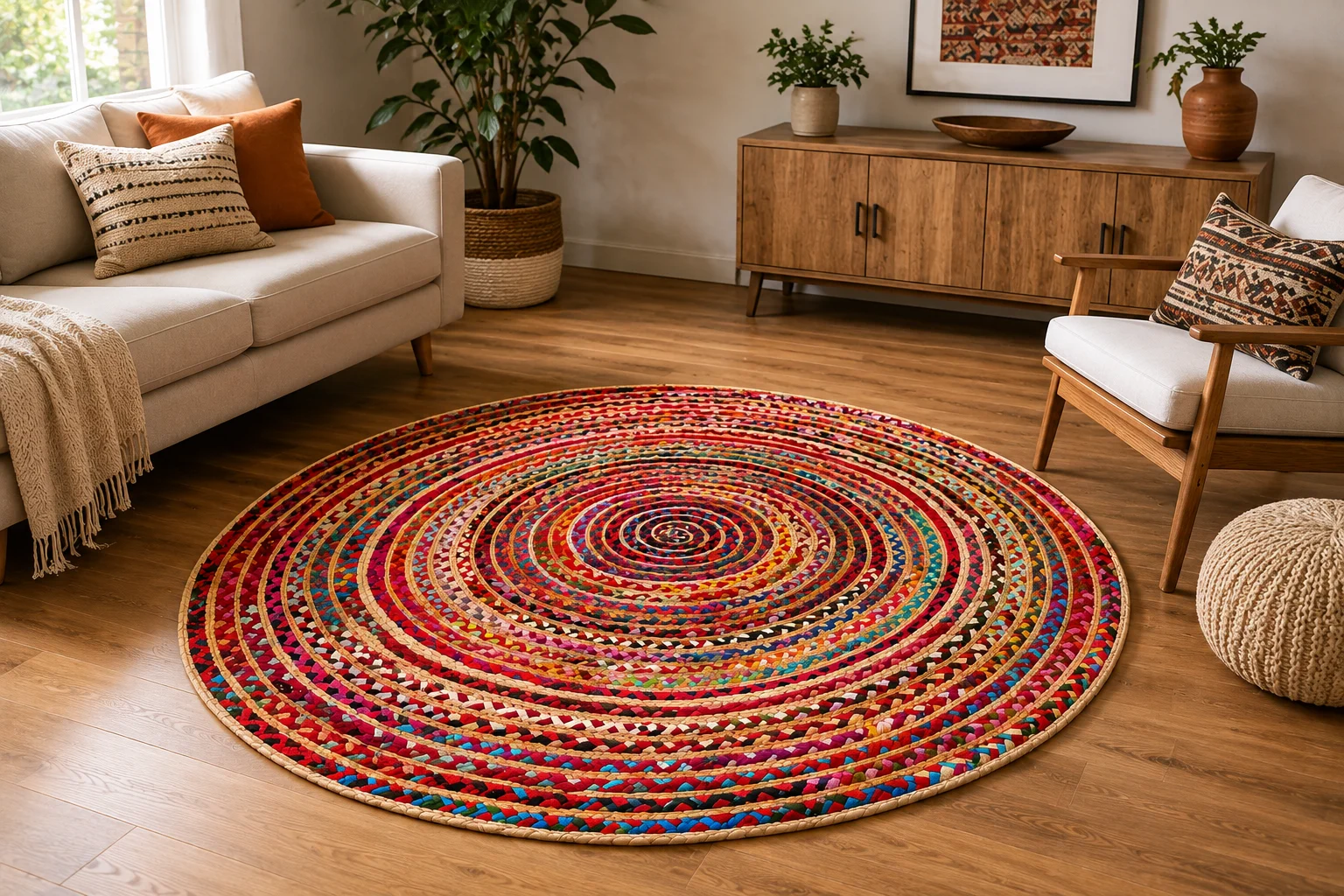Handwoven Round Multicolor Boho Jute Rug