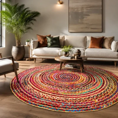 Handwoven Round Multicolor Boho Jute Rug