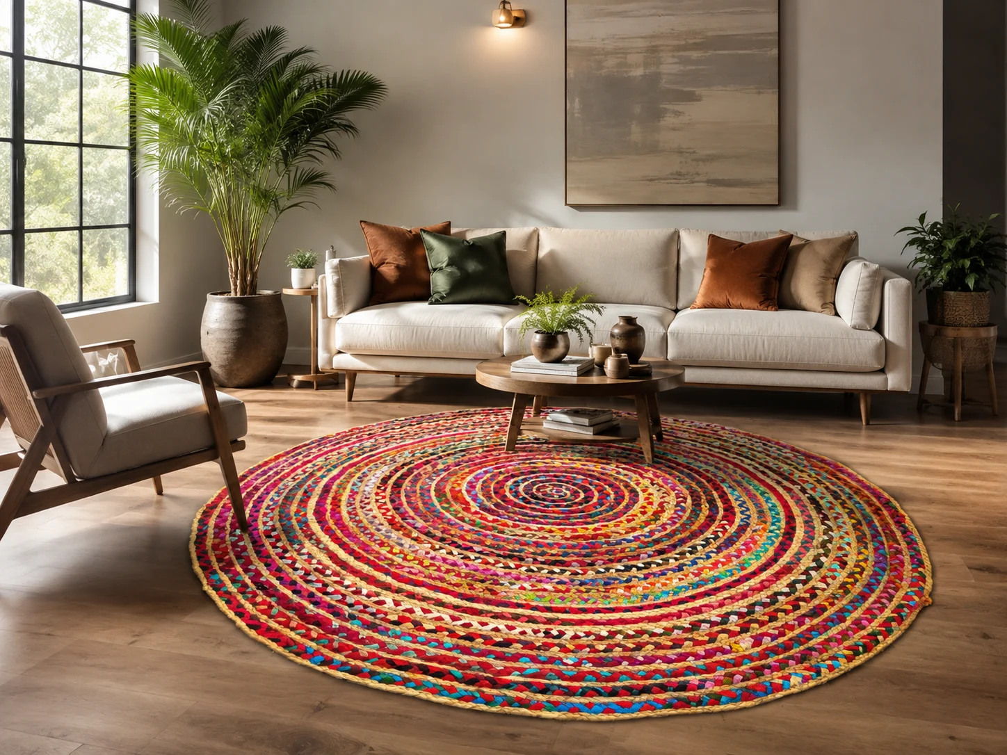 Handwoven Round Multicolor Boho Jute Rug