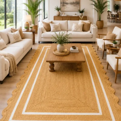 Handmade Scalloped Jute Area Rug | Natural Braided Farmhouse Rug with White Border