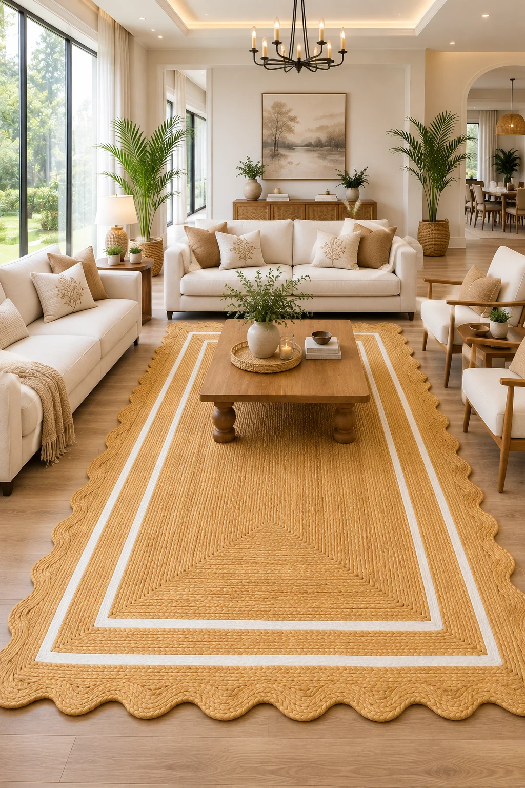 Handmade Scalloped Jute Area Rug | Natural Braided Farmhouse Rug with White Border
