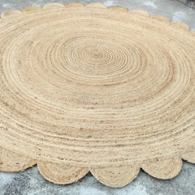 Handmade Natural Scalloped Round Jute Rug | Boho Farmhouse Area Rug