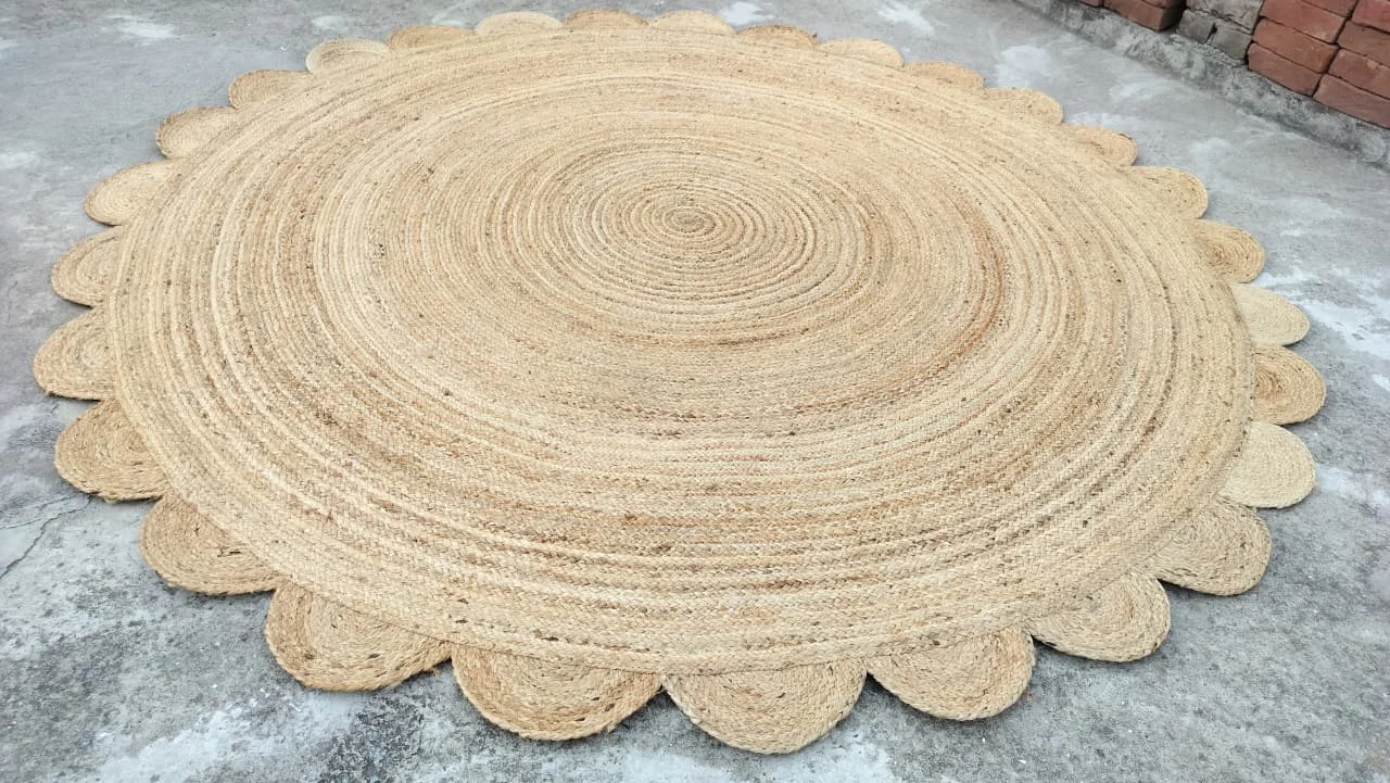 Handmade Natural Scalloped Round Jute Rug | Boho Farmhouse Area Rug