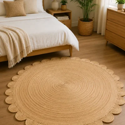 Handmade Natural Scalloped Round Jute Rug | Boho Farmhouse Area Rug