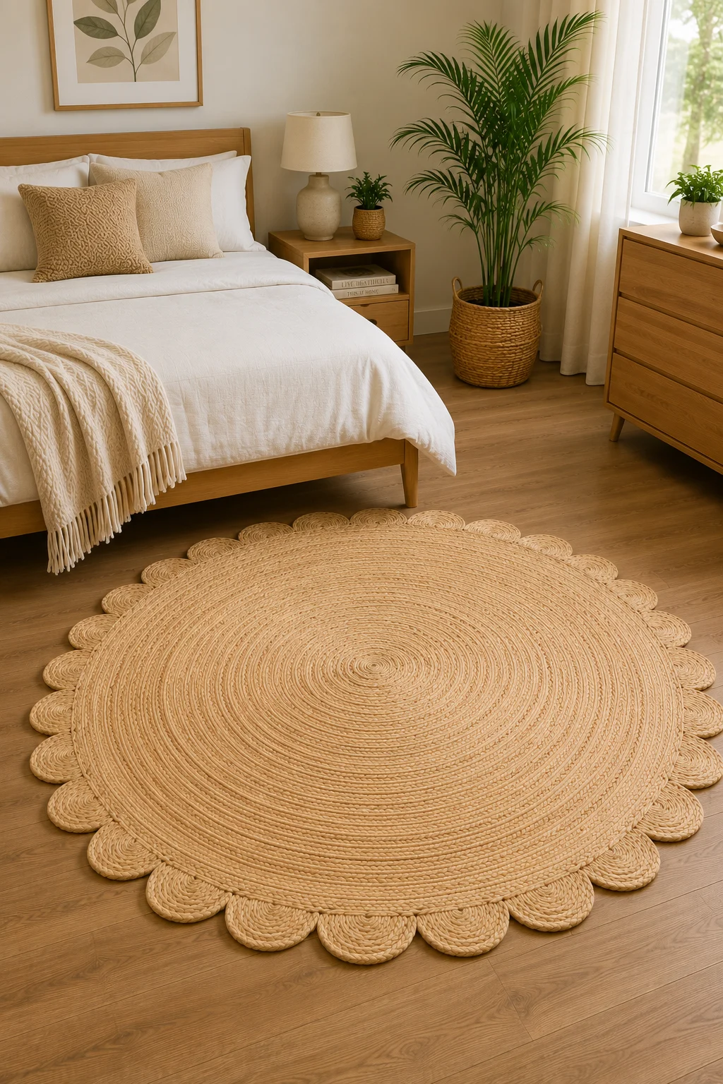 Handmade Natural Scalloped Round Jute Rug | Boho Farmhouse Area Rug