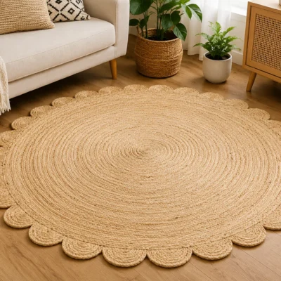 Handmade Natural Scalloped Round Jute Rug | Boho Farmhouse Area Rug