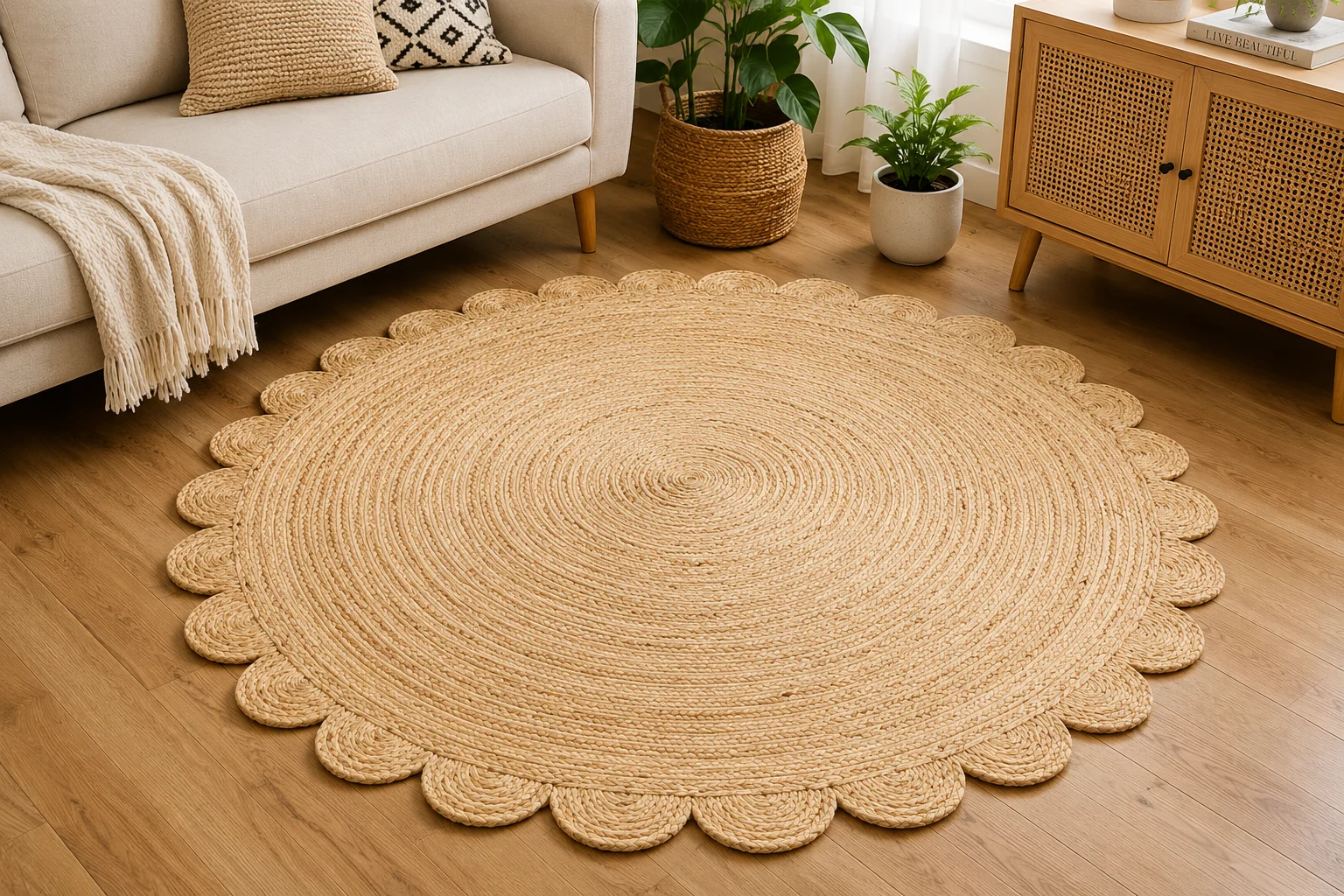 Handmade Natural Scalloped Round Jute Rug | Boho Farmhouse Area Rug