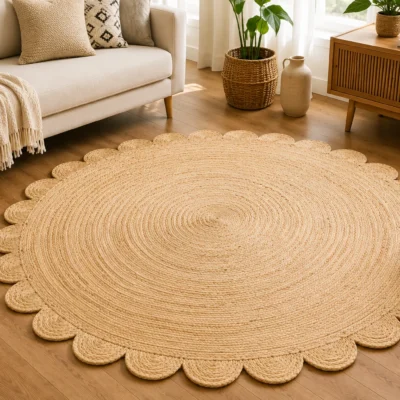 Handmade Natural Scalloped Round Jute Rug | Boho Farmhouse Area Rug