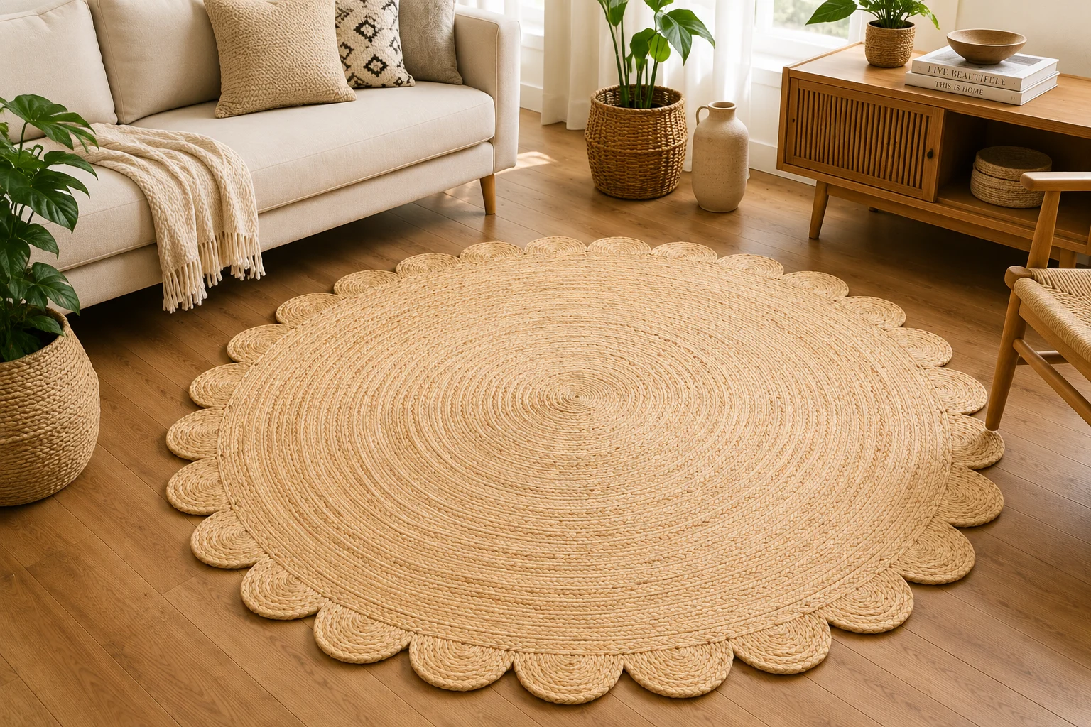 Handmade Natural Scalloped Round Jute Rug | Boho Farmhouse Area Rug
