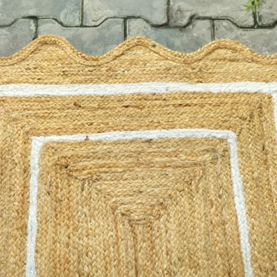 Handmade Scalloped Jute Area Rug | Natural Braided Farmhouse Rug with White Border