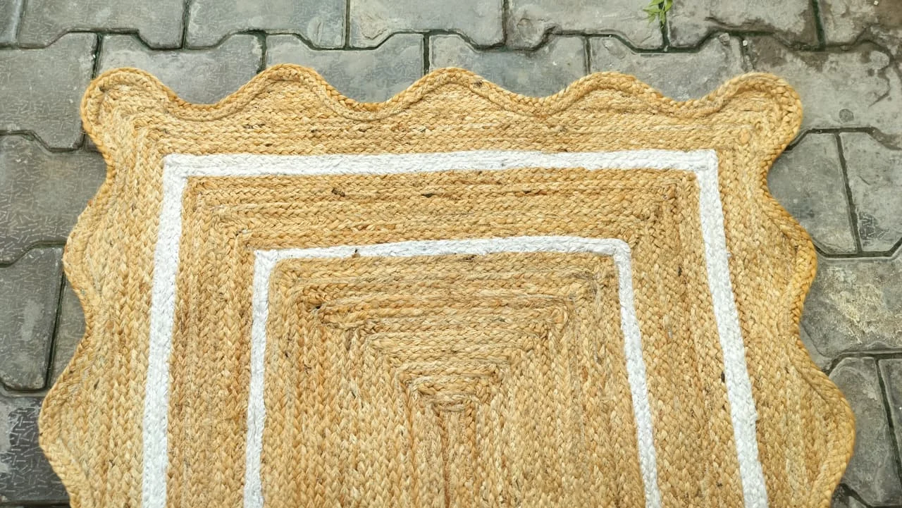 Handmade Scalloped Jute Area Rug | Natural Braided Farmhouse Rug with White Border