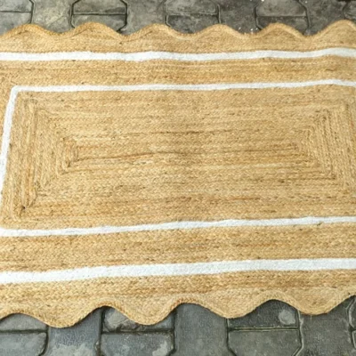 Handmade Scalloped Jute Area Rug | Natural Braided Farmhouse Rug with White Border