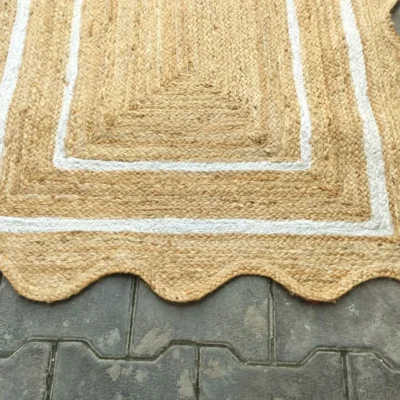 Handmade Scalloped Jute Area Rug | Natural Braided Farmhouse Rug with White Border