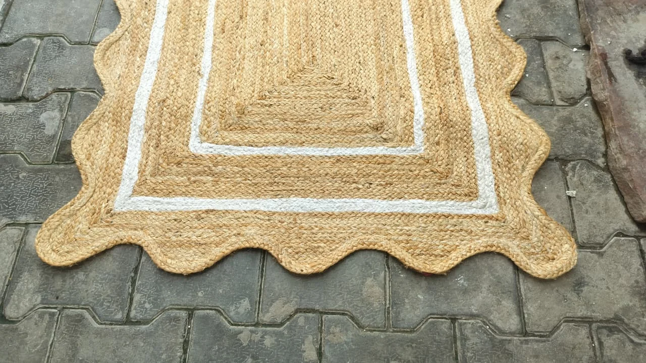 Handmade Scalloped Jute Area Rug | Natural Braided Farmhouse Rug with White Border