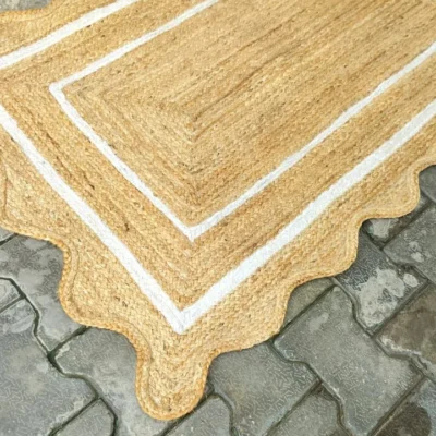 Handmade Scalloped Jute Area Rug | Natural Braided Farmhouse Rug with White Border