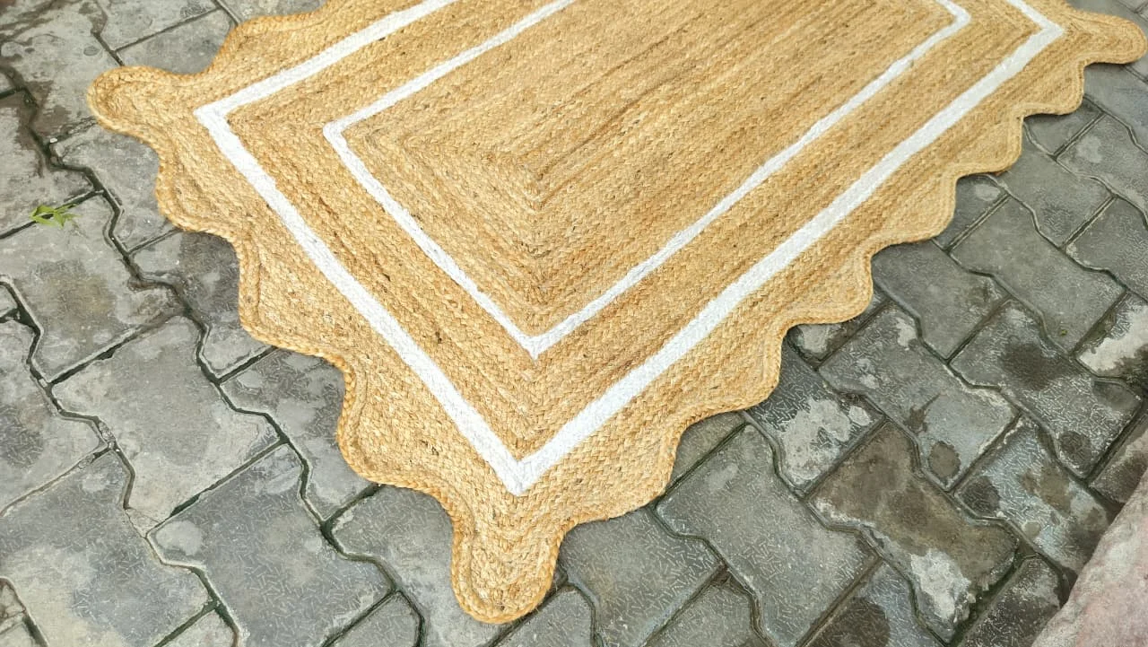 Handmade Scalloped Jute Area Rug | Natural Braided Farmhouse Rug with White Border