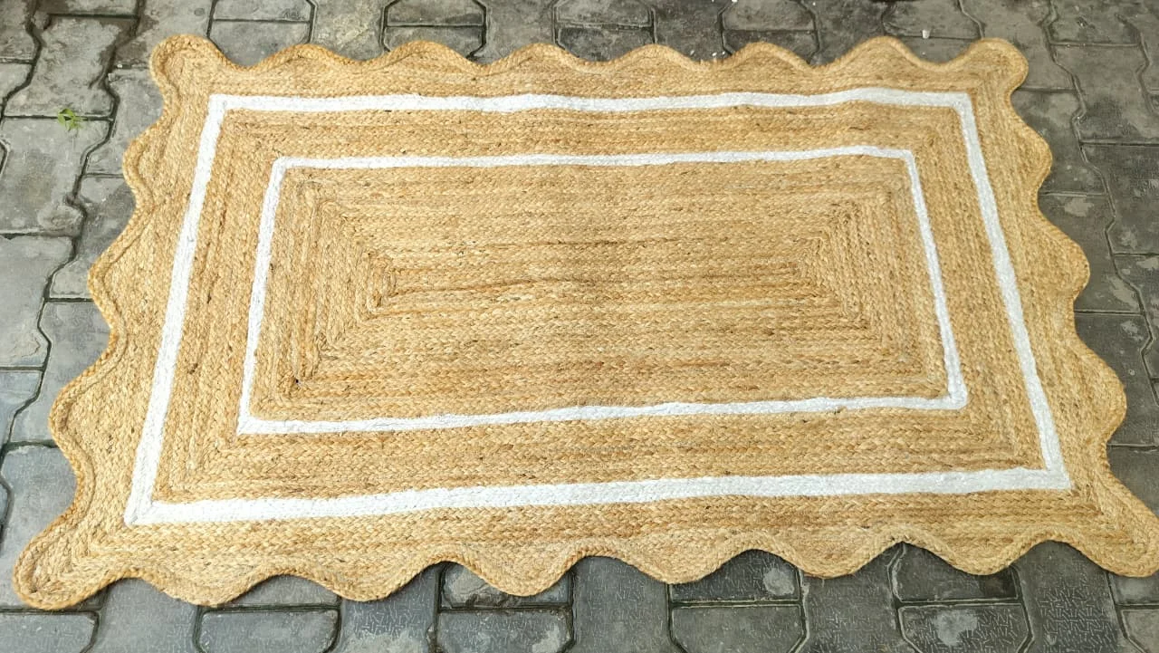 Handmade Scalloped Jute Area Rug | Natural Braided Farmhouse Rug with White Border