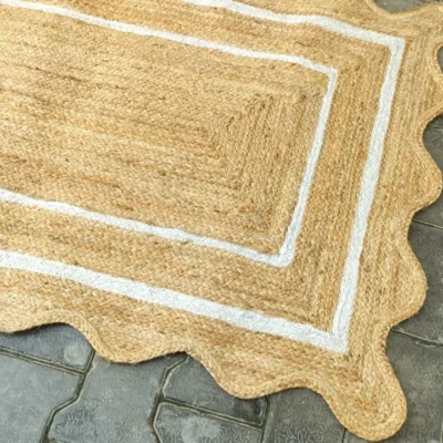 Handmade Scalloped Jute Area Rug | Natural Braided Farmhouse Rug with White Border