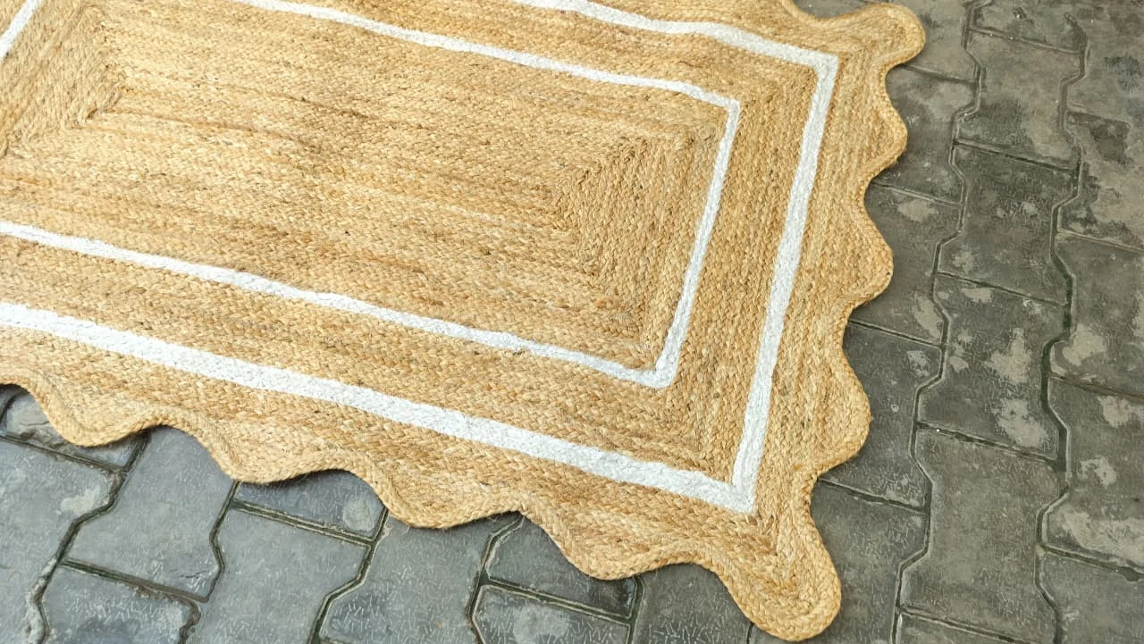 Handmade Scalloped Jute Area Rug | Natural Braided Farmhouse Rug with White Border